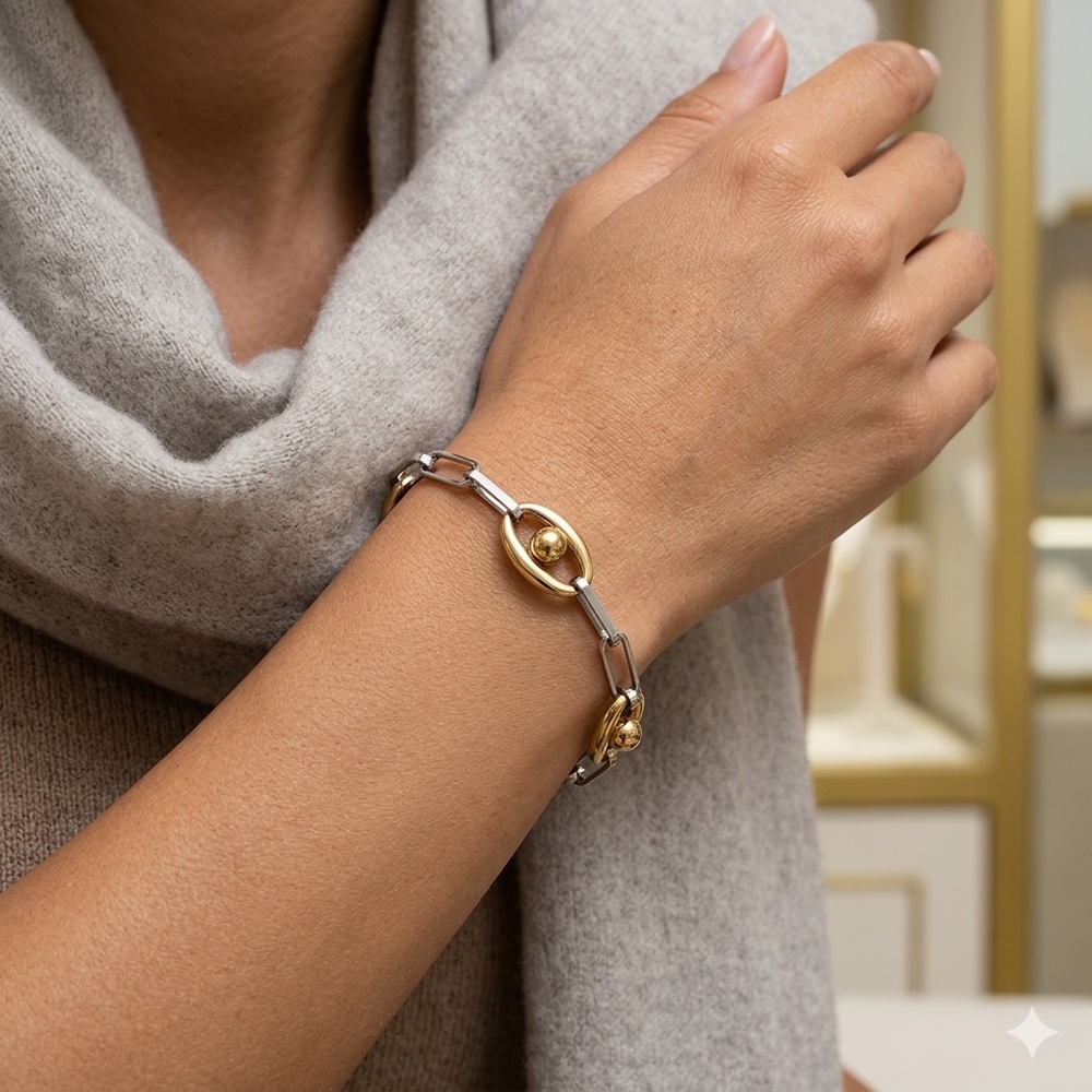 Two-Tone Gold and Silver Link Bracelet with Sculpted Beads